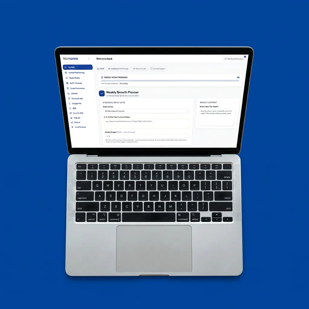 Laptop showing the BizManna growth dashboard with weekly planning tools