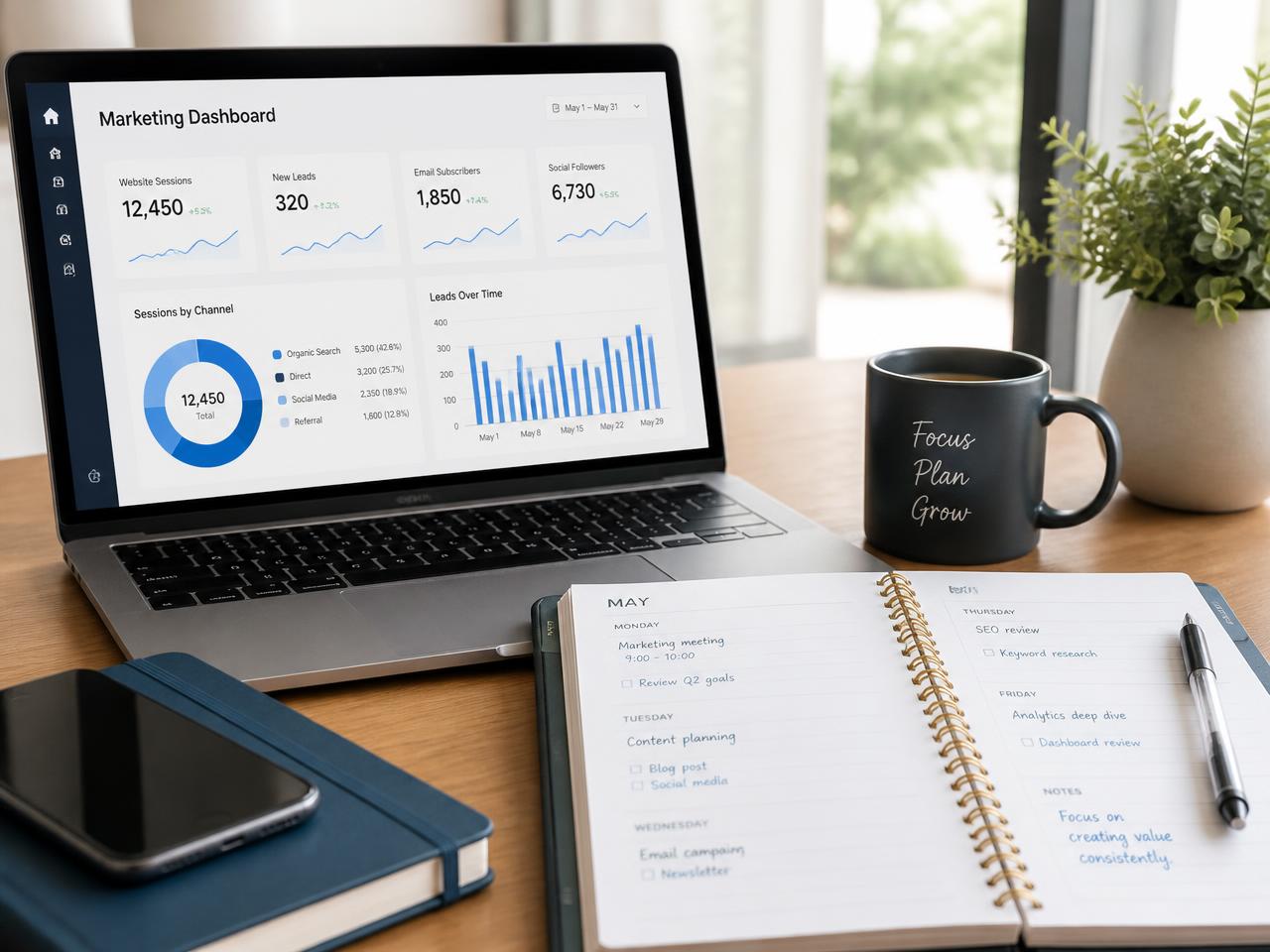 Laptop showing a simple marketing dashboard beside a planner and coffee mug